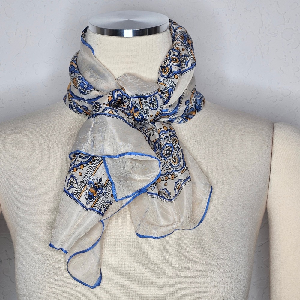 Vintage Paisley Medallion Square Scarf Blue Ochre Cream Hand Rolled Edges
